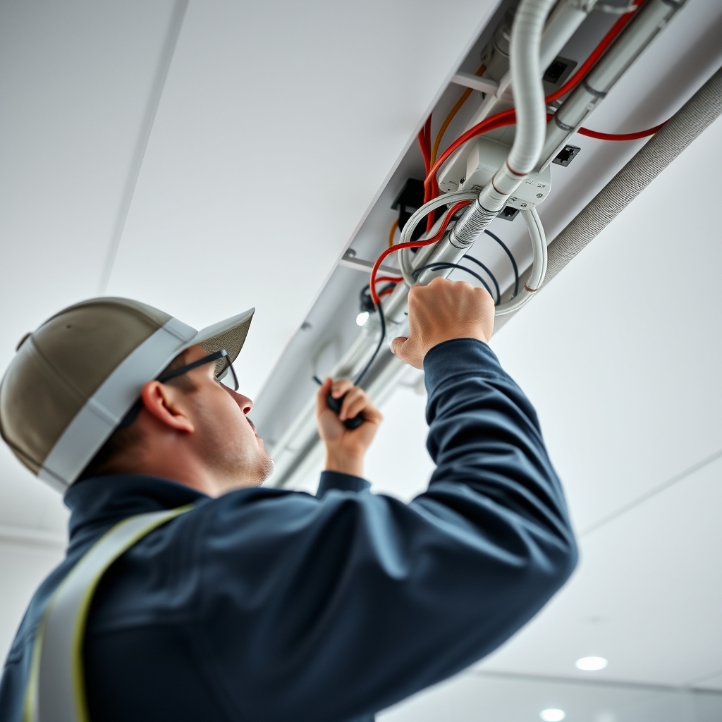 Electrician running conduit and cabling in a commercial ceiling fit-out