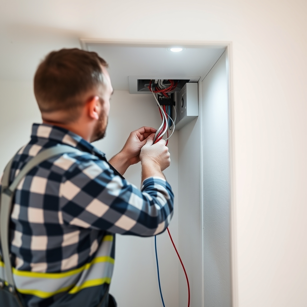 Electrician installing new wiring in the wall cavity of a residential home