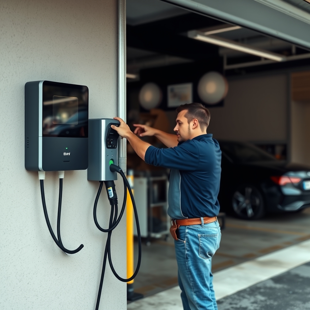 Electrician installing an EV charger on the exterior wall of a garage